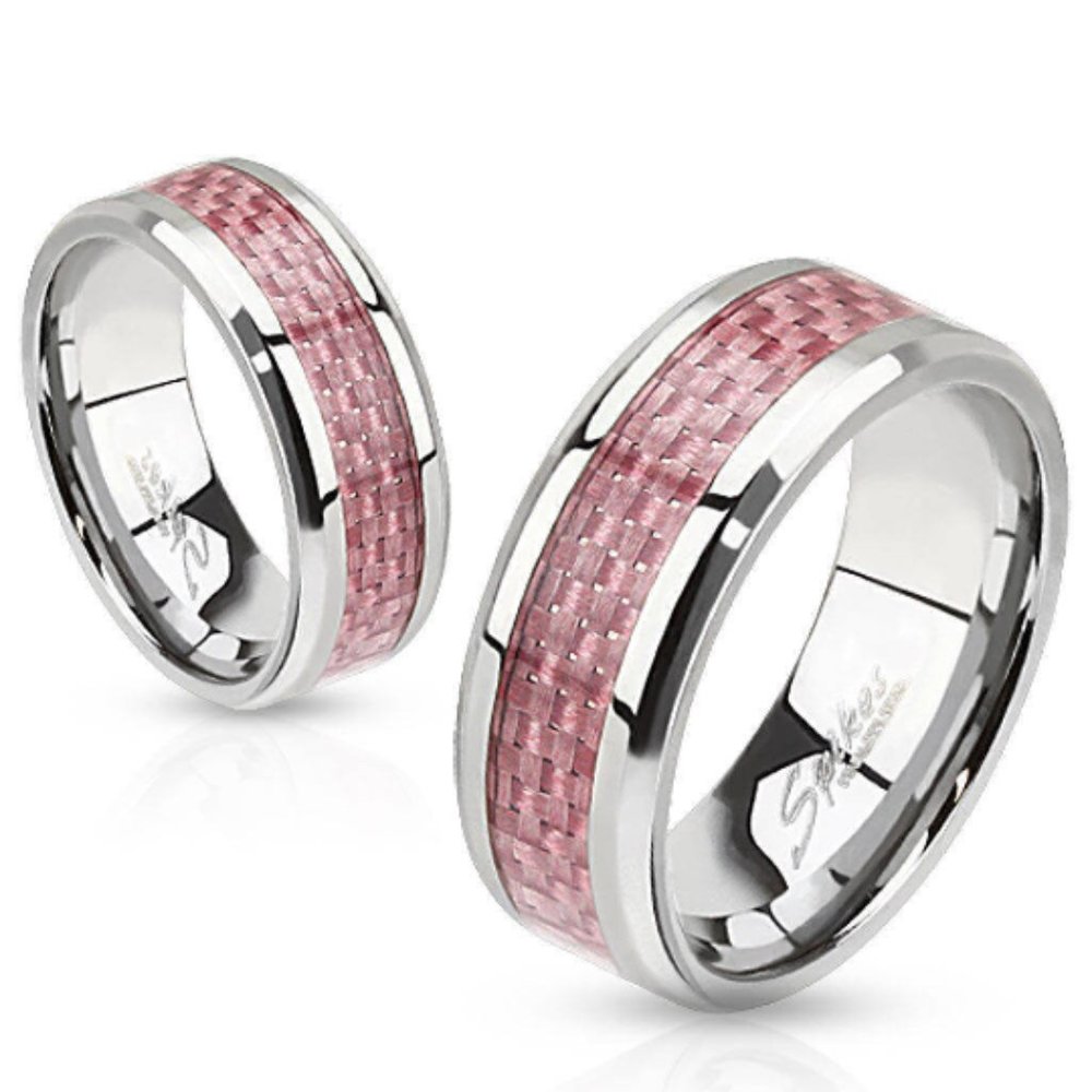 Pink Carbon Fiber Inlay Center Band Ring Stainless Steel